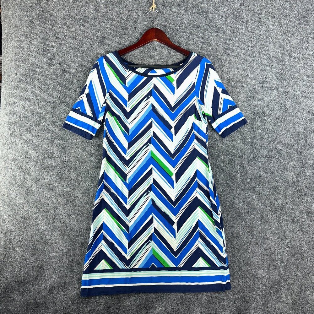 Eliza J Dress Womens 8 Short Sleeve Shift Blue Green Knit Stretch Pullover Midi